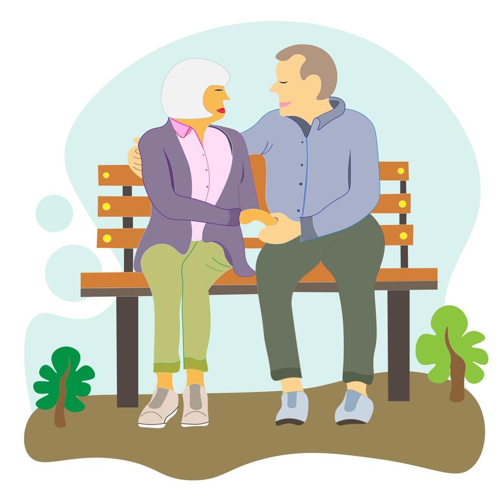 äldre människor sitter på bänken. mormor och morfar tillbringar tid tillsammans och pratar i frisk luft. hälsosam livsstil för äldre, pensionärer vektor
