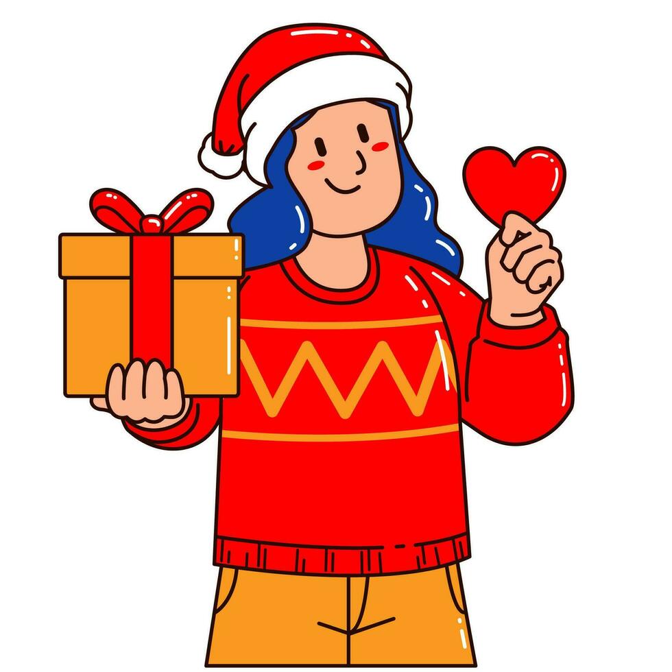 Frau im ein Santa claus Hut halten ein Geschenk Box und Liebe vektor