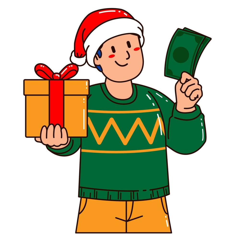 Mann im ein Santa claus Hut halten ein Geschenk Box und Geld vektor
