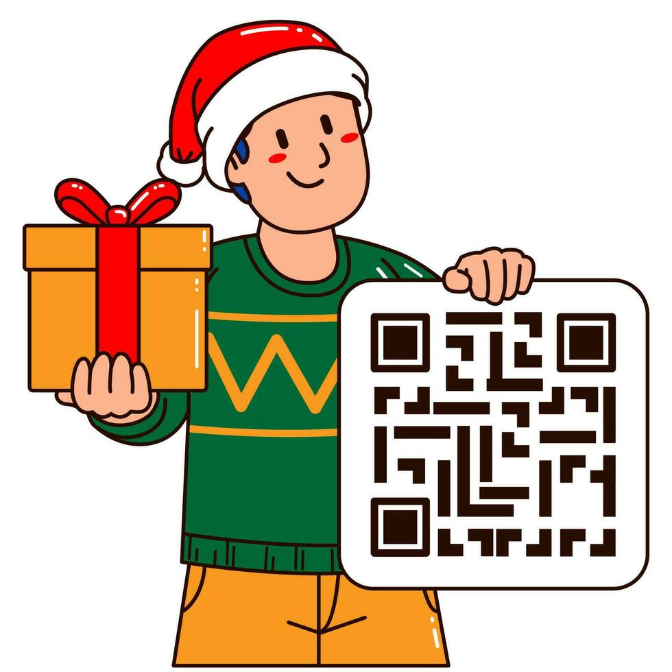 Mann im ein Santa claus Hut halten ein Geschenk Box und qr Code vektor