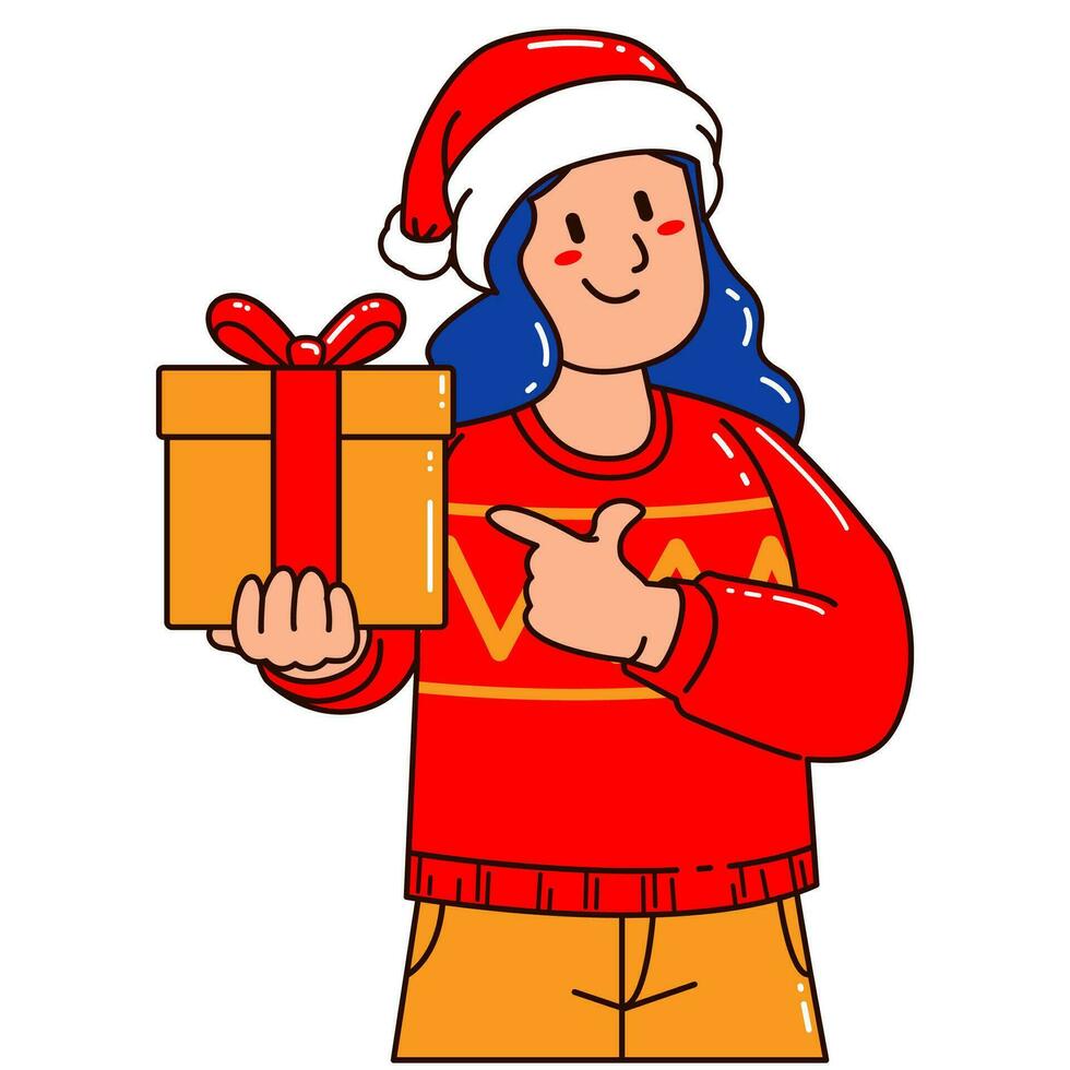 Frau im ein Santa claus Hut halten ein Geschenk Box vektor