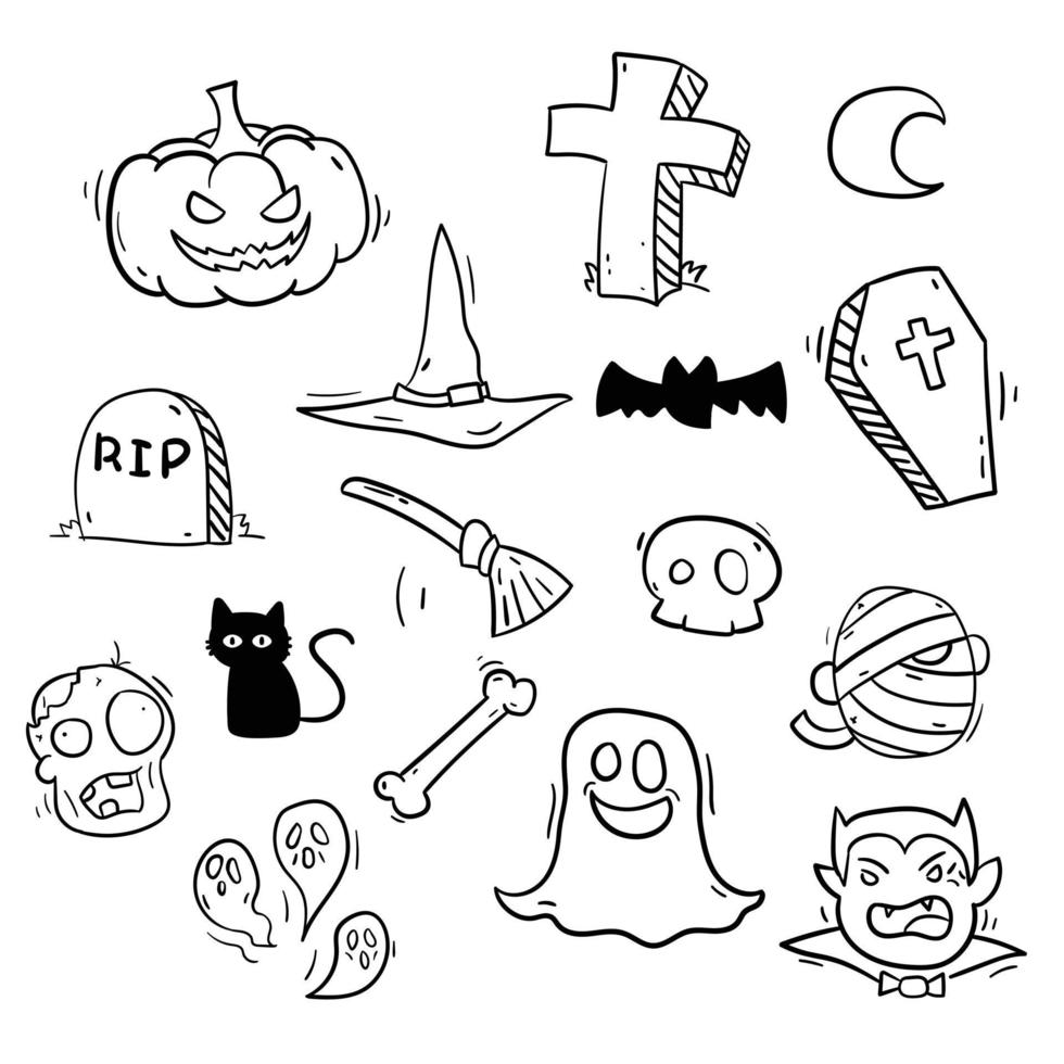 Sammlung von Halloween-Monstern-Doodle-Zeichnungen wie Jack o'lantern, Ghost, Hexe und mehr. vektor