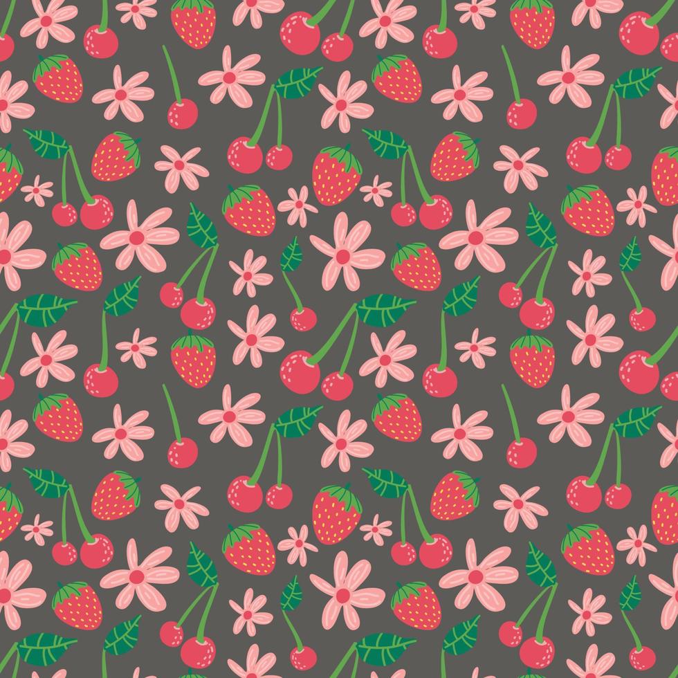 sommar sömlöst mönster med frukt, bär och blomma. söt tecknad bakgrund för textil, tyg, dekorativt papper. vektor