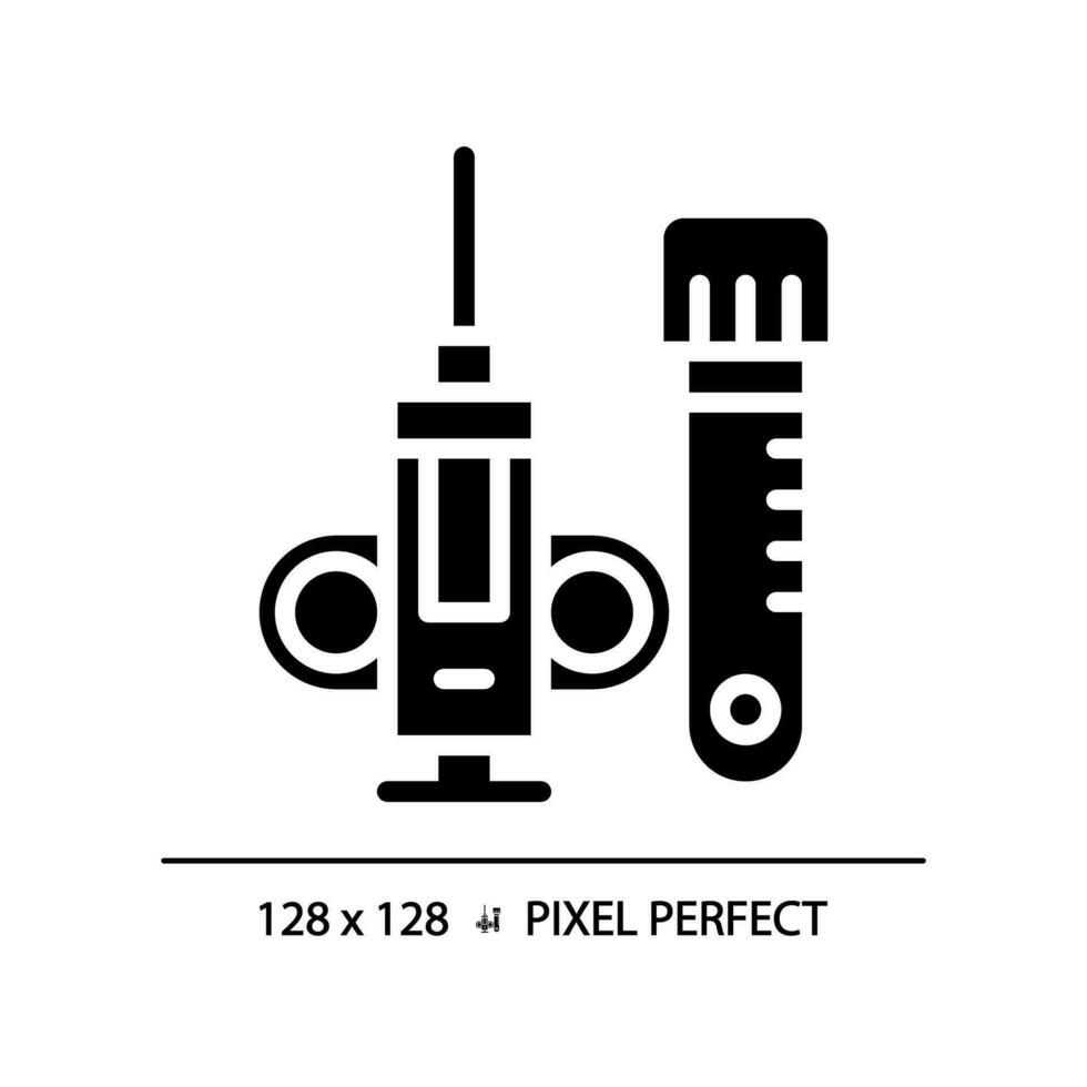 biopsi nål pixel perfekt svart glyf ikon. medicinsk procedur. vävnad prov. minimalt inkräktande. cancer diagnos. silhuett symbol på vit Plats. fast piktogram. vektor isolerat illustration