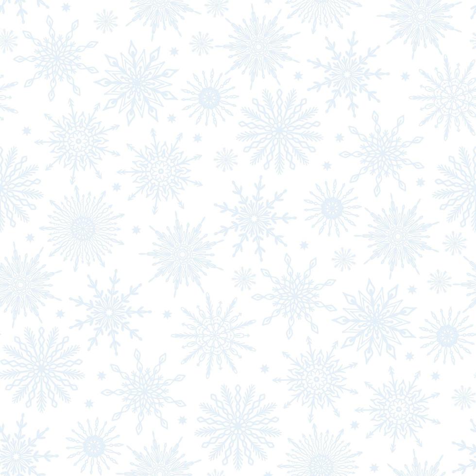 neutralt känsligt mjukt festligt vintersäsong sömlöst mönster med olika bleka pastell snöflinga ikoner på vit bakgrund. frostig jul, nyårsdesignstruktur vektor