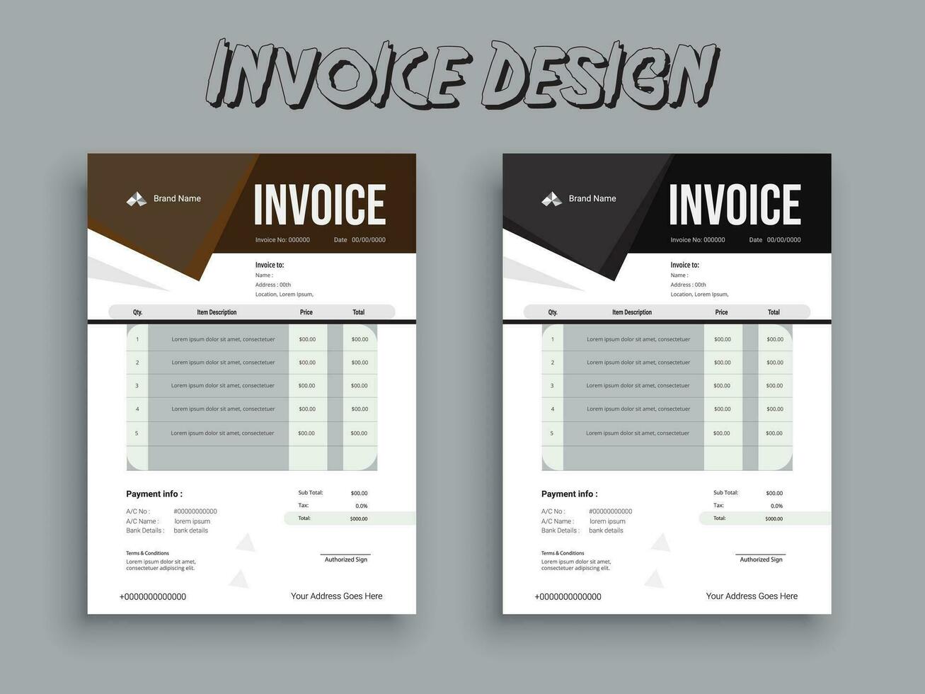 2 Farbe Variation Rechnung Design. Geschäft Rechnung bilden Vorlage. Fakturierung Zitate, Geld Rechnungen oder Preisliste und Zahlung Zustimmung Design Vorlagen. MwSt form, Rechnung Grafik oder Zahlung Erhalt. vektor