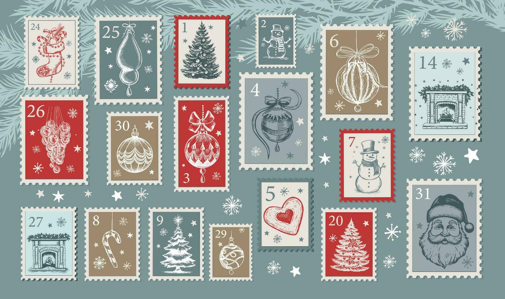 Advent Kalender, Weihnachten Briefmarken, Post, Postkarte Hand gezeichnet Illustrationen. vektor