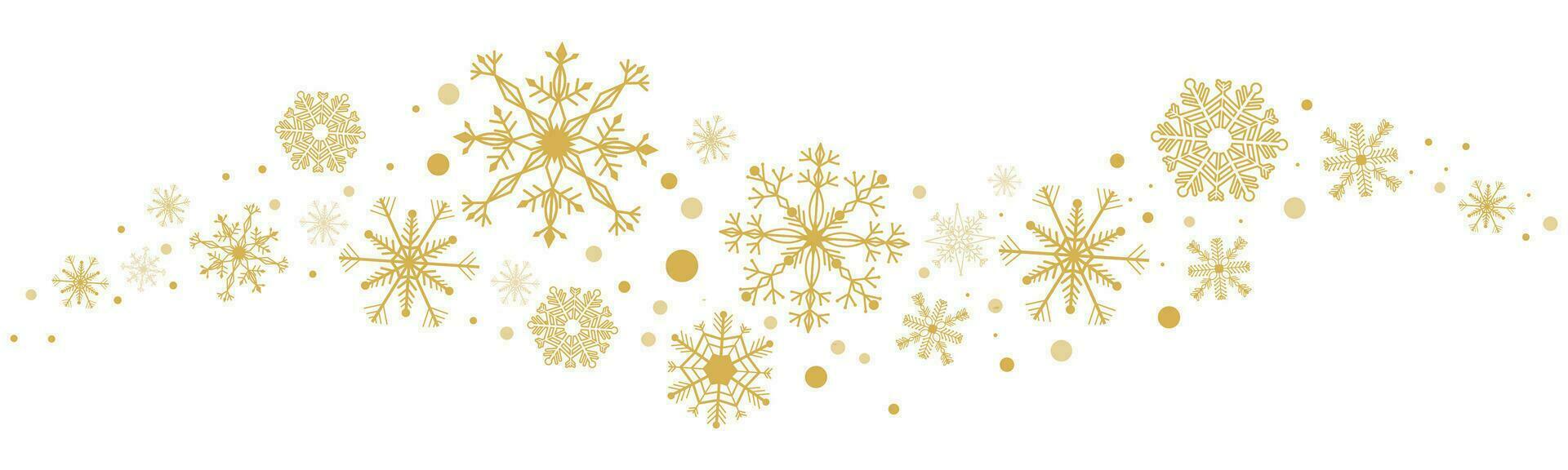 Vinka gyllene snöflinga virvla runt vinter- snö gräns is dekoration isolerat på vit bakgrund. Semester kristall kurva form design, magi prydnad. vektor illustration