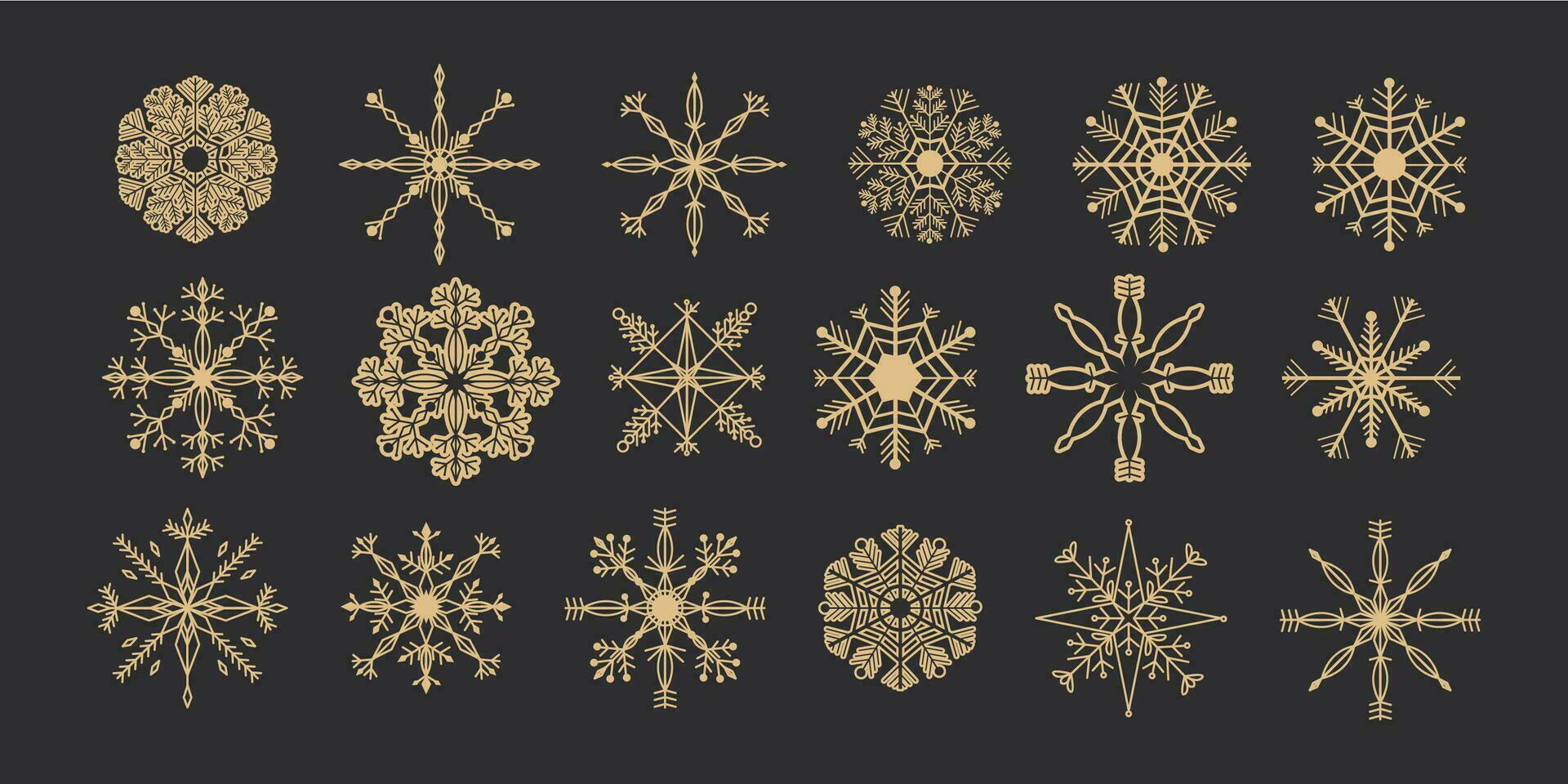 uppsättning gyllene snöflinga kristall elegant linje jul dekoration på mörk bakgrund, samling vinter- prydnad frysta element. vektor illustration