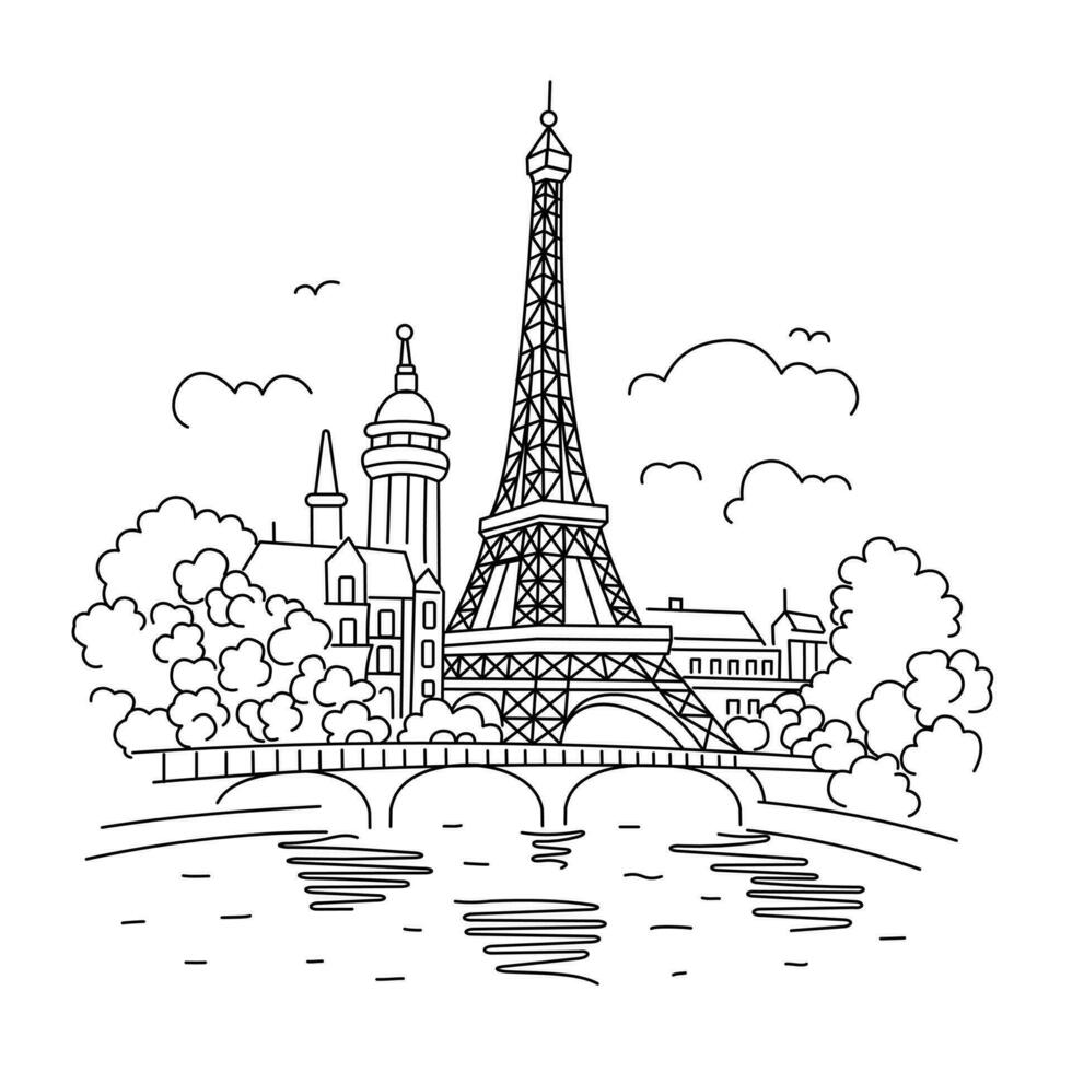 das Eiffel Turm im Paris gegen das Hintergrund von Häuser. Wahrzeichen von Paris. Illustration im linear Stil auf Weiß Hintergrund vektor