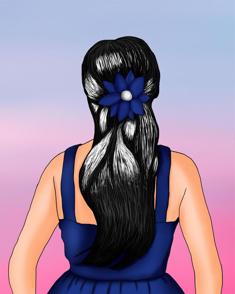 schöne handgezeichnete frau schwarze lange haare vektorillustration mit einem rosa und blauen hintergrund vektor