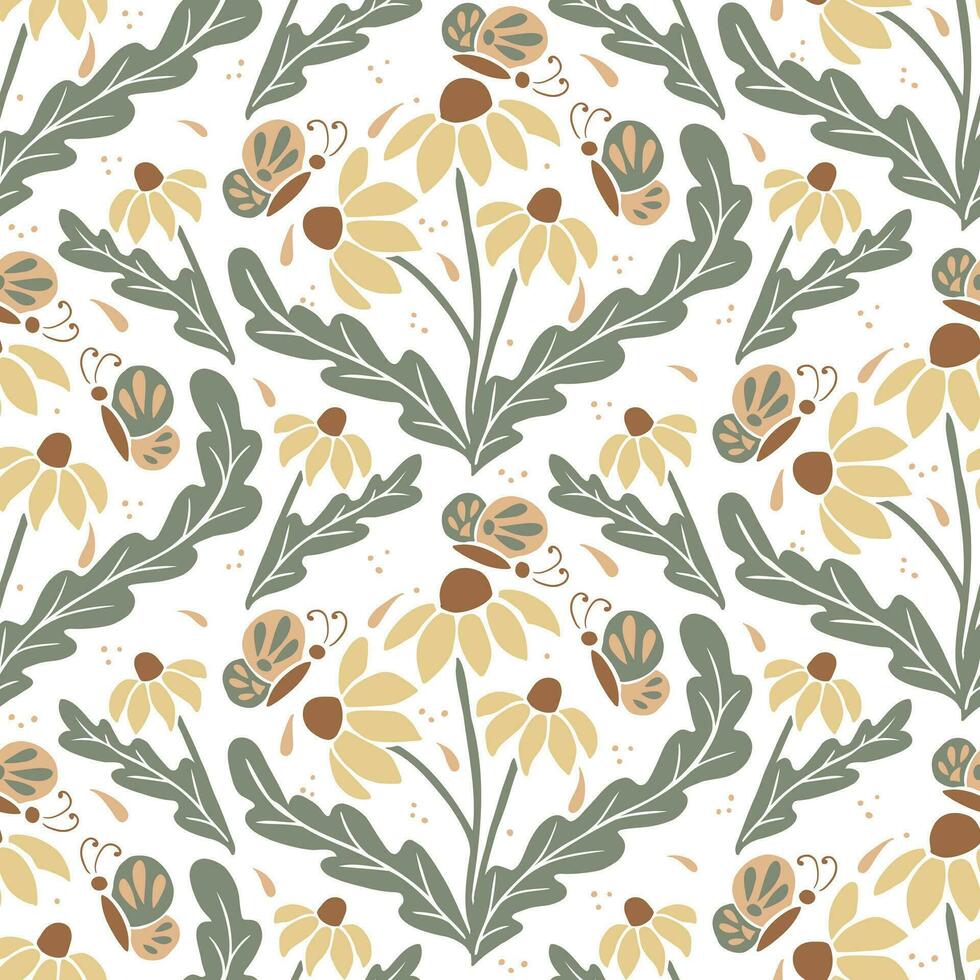 Blumen- retro Jahrgang nahtlos Muster mit Schmetterlinge. Hand gezeichnet eben abstrakt Blumen und Blätter auf Weiß Hintergrund. modisch drucken Design mit Pfirsich Farben zum Textil, Hintergrund, Innere vektor