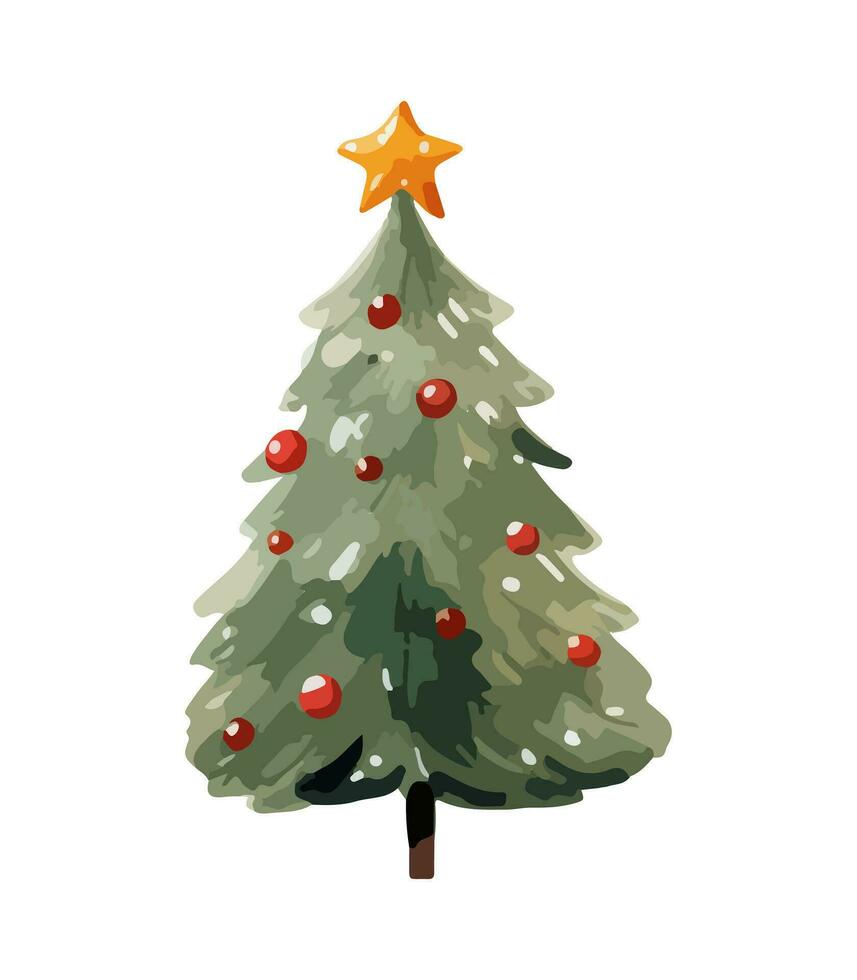 ai generiert Vektor Illustration von dekoriert Weihnachten Baum im Schnee auf Weiß Hintergrund. Grün flauschige Weihnachten Kiefer, isoliert auf Weiß Hintergrund. süß Weihnachten Baum im Karikatur Aquarell Stil.