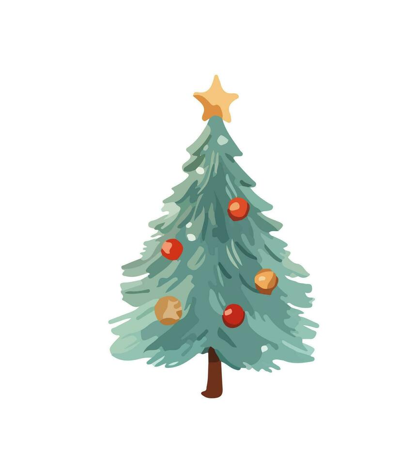 ai generiert Vektor Illustration von dekoriert Weihnachten Baum im Schnee auf Weiß Hintergrund. Grün flauschige Weihnachten Kiefer, isoliert auf Weiß Hintergrund. süß Weihnachten Baum im Karikatur Aquarell Stil.
