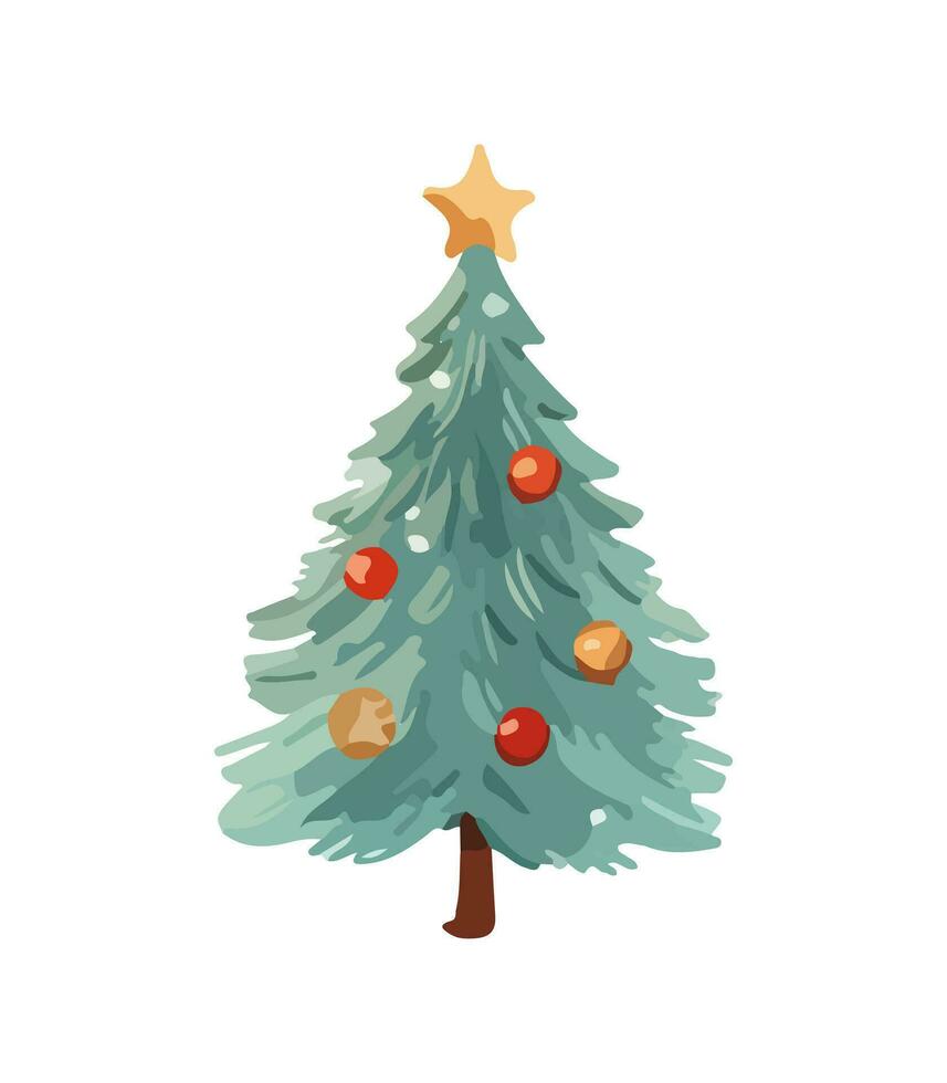 ai genererad vektor illustration av dekorerad jul träd i snö på vit bakgrund. grön fluffig xmas tall, isolerat på vit bakgrund. söt jul träd i tecknad serie vattenfärg stil.