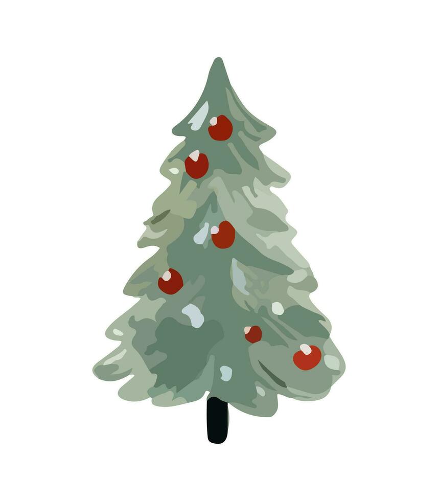 ai generiert Vektor Illustration von dekoriert Weihnachten Baum. Grün flauschige Weihnachten Kiefer, isoliert auf Weiß Hintergrund. süß Weihnachten Baum im Karikatur Aquarell Stil.