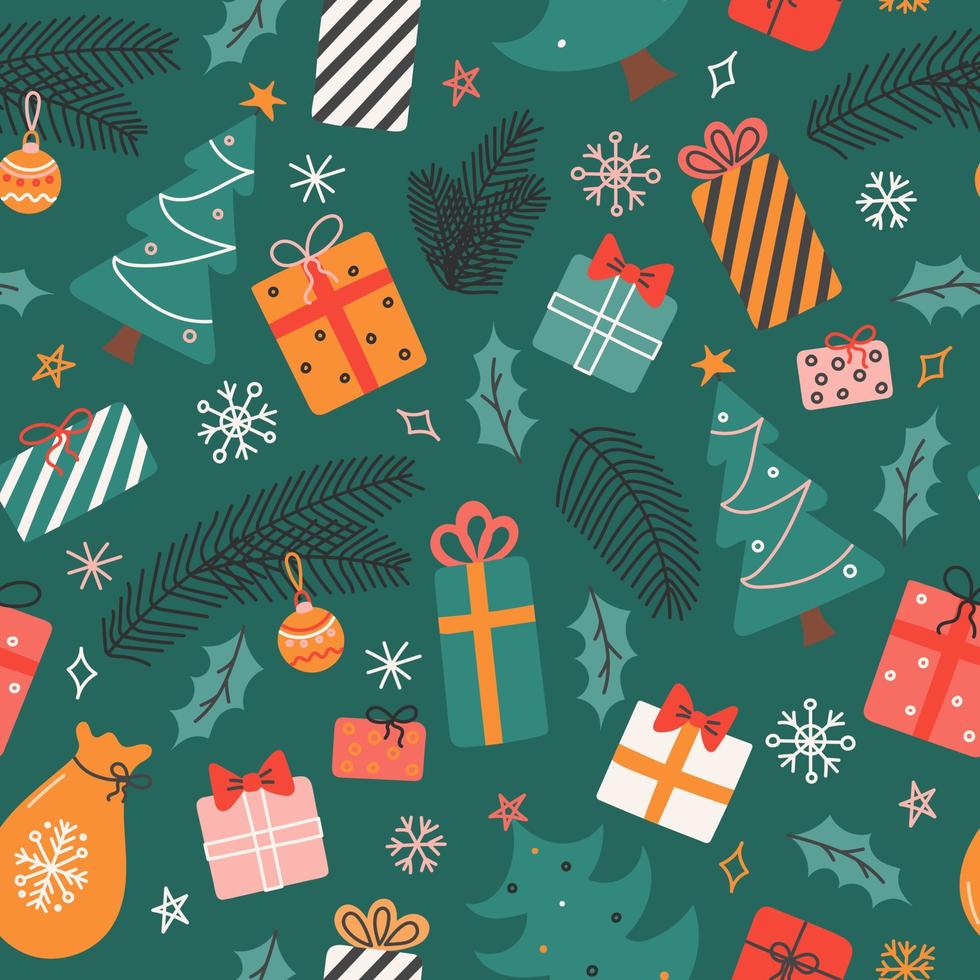 nahtloses Muster mit Weihnachtsbäumen, Geschenken, Zweigen und Schneeflocken auf grünem Hintergrund im flachen Stil vektor