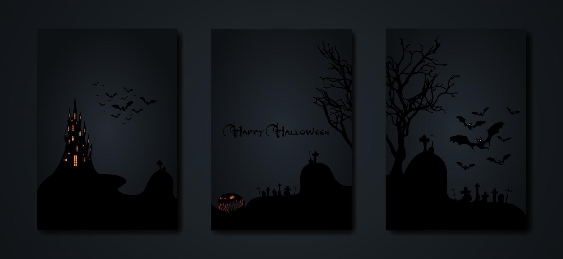 Halloween-Party, Setkarten gruseliger dunkler Hintergrund, Silhouetten von Charakteren und gruselige Fledermäuse mit gotischem Spukschloss, Horror-Themenkonzept, gruseliger Kürbis und dunkler Friedhof, Vektorvorlagen vektor