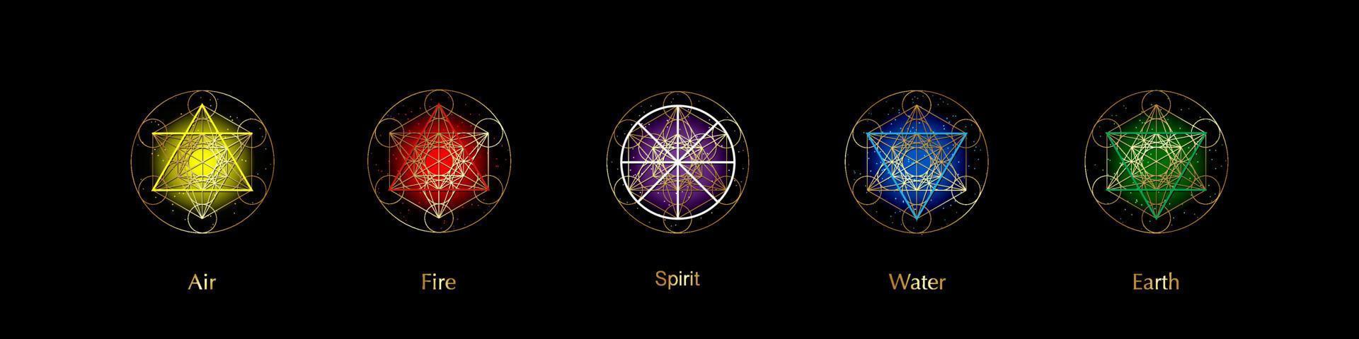fünf Elementsymbole und magisches Geistsymbol, goldene runde Symbole stellen Vorlage ein. Luft, Feuer, Wasser, Erde vier Symbol. Piktogramm Alchemie Zeichen auf schwarzem Hintergrund isoliert. bunte Vektorelemente vektor