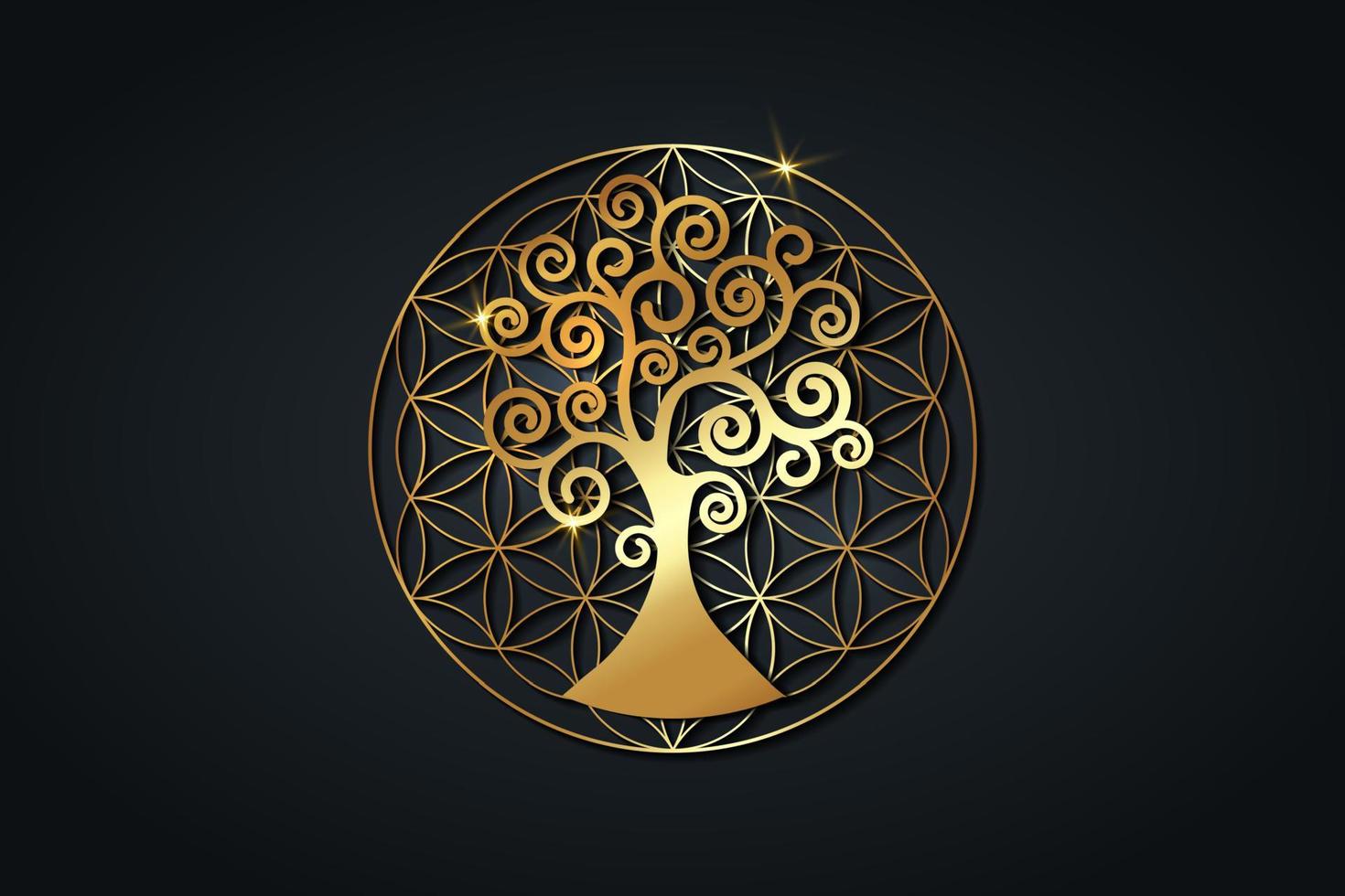Baum des Lebens und Blume des Lebens, goldenes spirituelles Mandala, heilige Geometrie. leuchtend goldenes Symbol für Harmonie und Ausgeglichenheit. mystischer Talisman, luxuriöser runder Logovektor isoliert auf schwarzem Hintergrund vektor