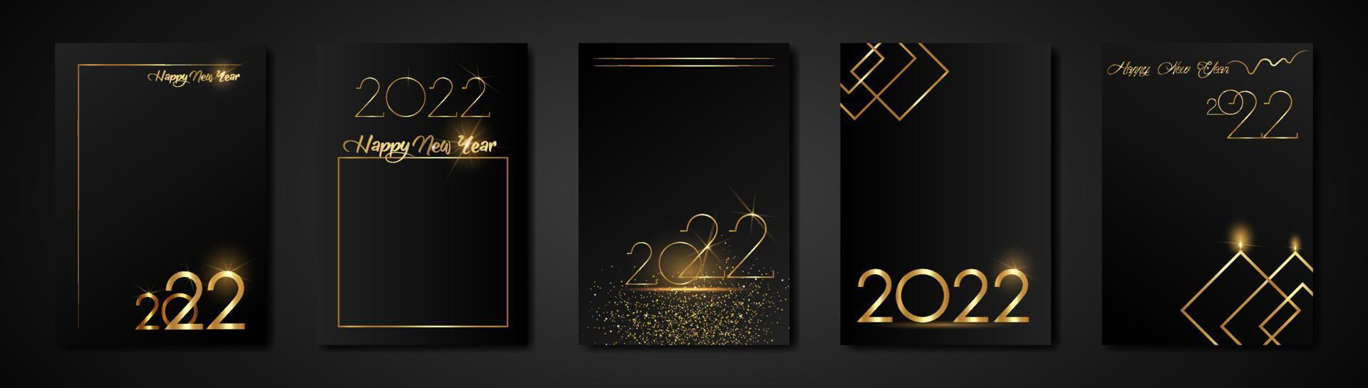 Set Karten 2022 Frohes neues Jahr Gold Textur, goldener Luxus schwarzer moderner Hintergrund, Elemente für Kalender und Grußkarten oder weihnachtliche Winterurlaubseinladungen mit geometrischen Dekorationen vektor