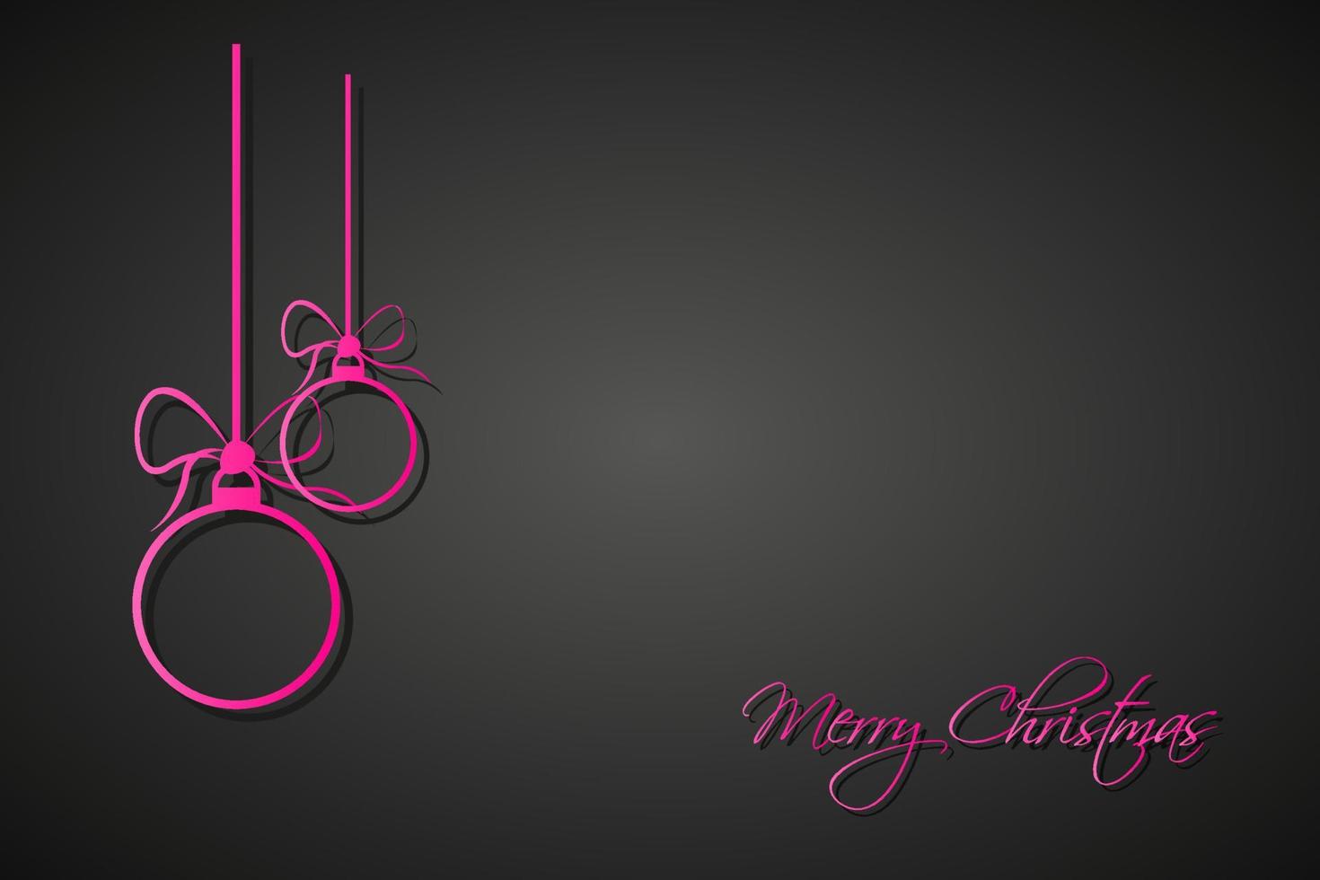 tre rosa julbollar med rosetter och strängar på svart bakgrund. semester gratulationskort med god jul tecken. vektor illustration