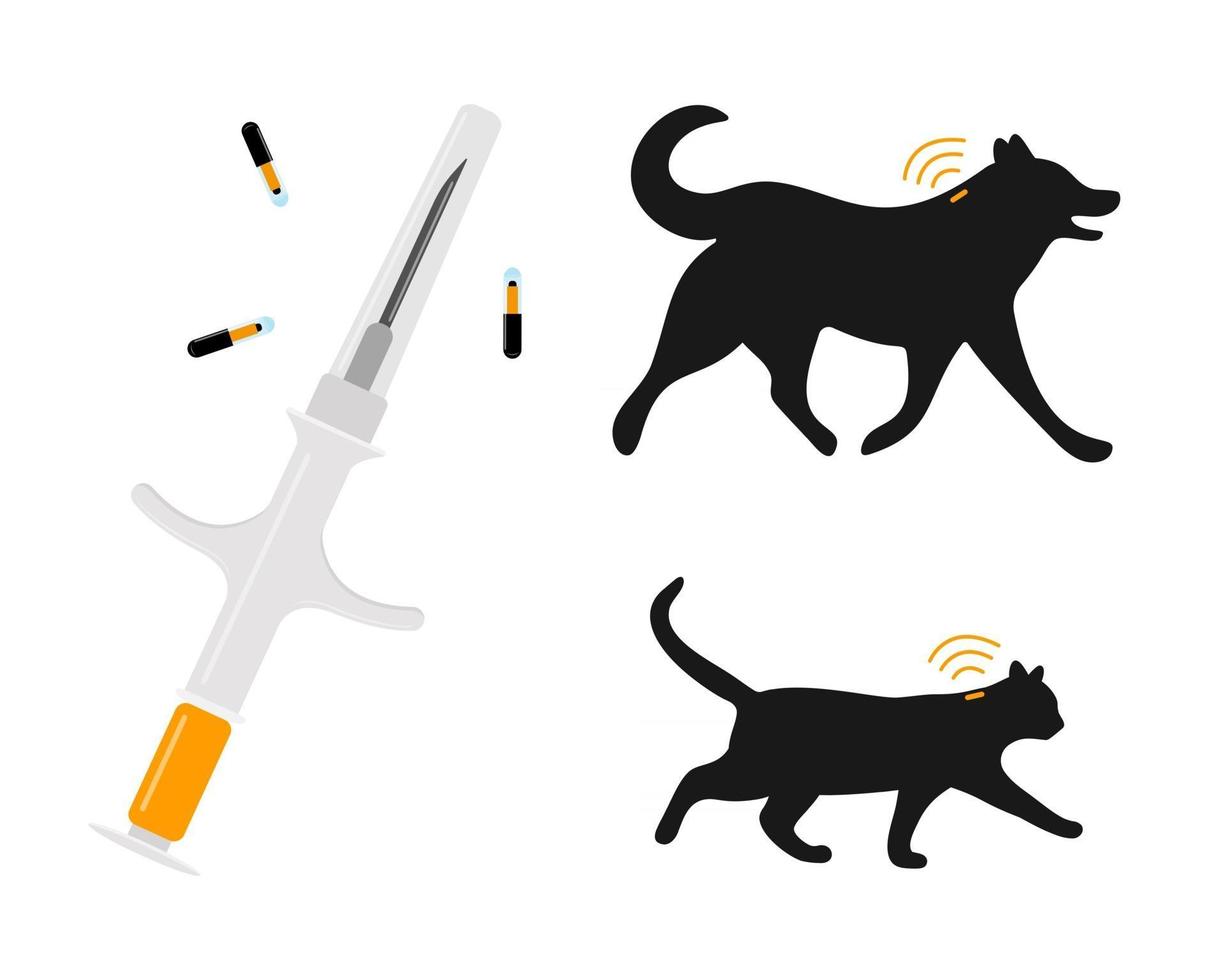 husdjur mikrochipkoncept. spruta med mikrochips, hund och katt silhuetter med implantat och RFID signaler. djur permanent identifiering vektor