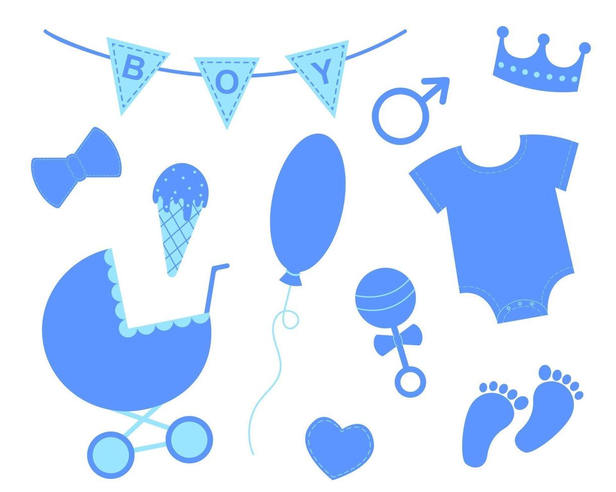 Baby-Dusche-Set. Elemente für Grußkarten und Einladungen. blaue Ammer mit Textjunge, Krone, Body, Lätzchen, Fußabdruck, Kinderwagen, Rassel, Schleife, Ballon, Eis, Herz vektor