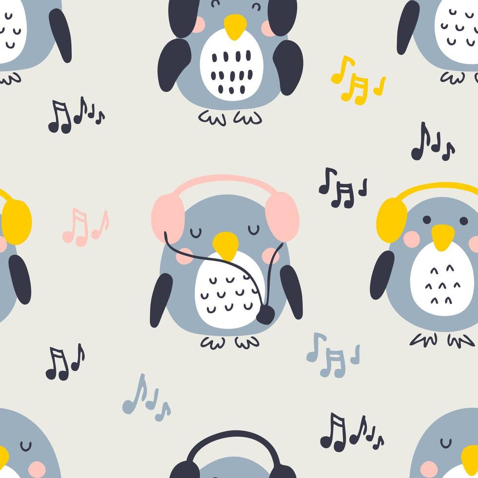 Handgezeichnete musikalische Pinguine nahtlose Muster. vektor