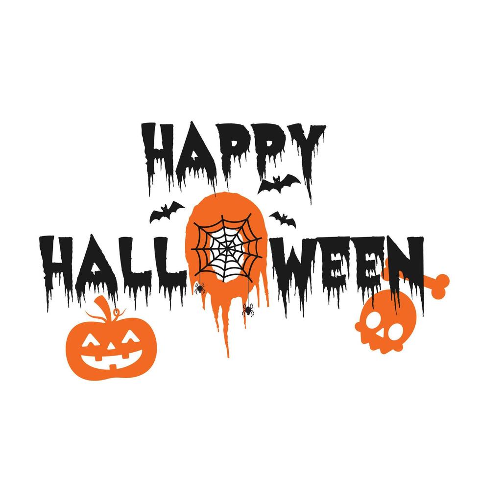 glad halloween logotyp design, vektor text banner på vit bakgrund, vektor illustration med webb och spindel.