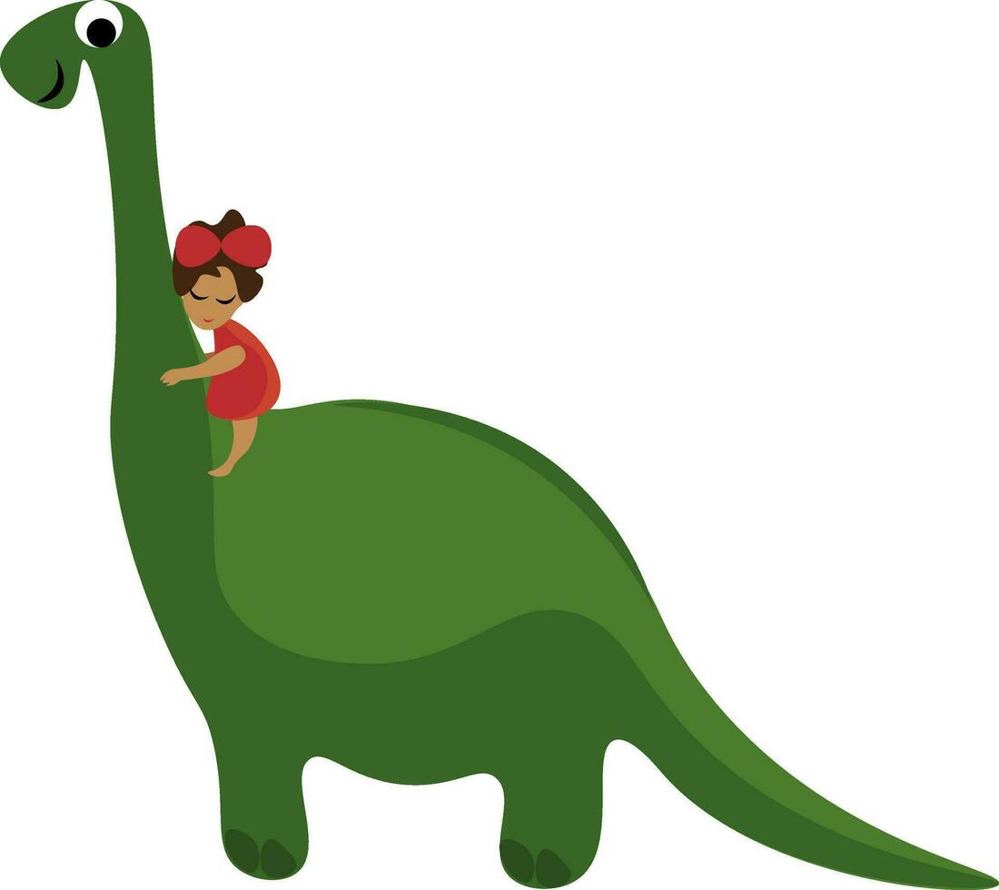 Karikatur komisch Bild von ein süß wenig Mädchen Reiten auf ein groß Grün Dinosaurier Vektor oder Farbe Illustration