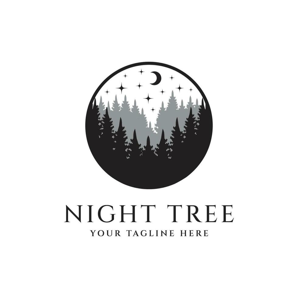 Nacht Baum Logo Design im das Winter Wald. Neu Jahr Silhouette Vektor Illustration