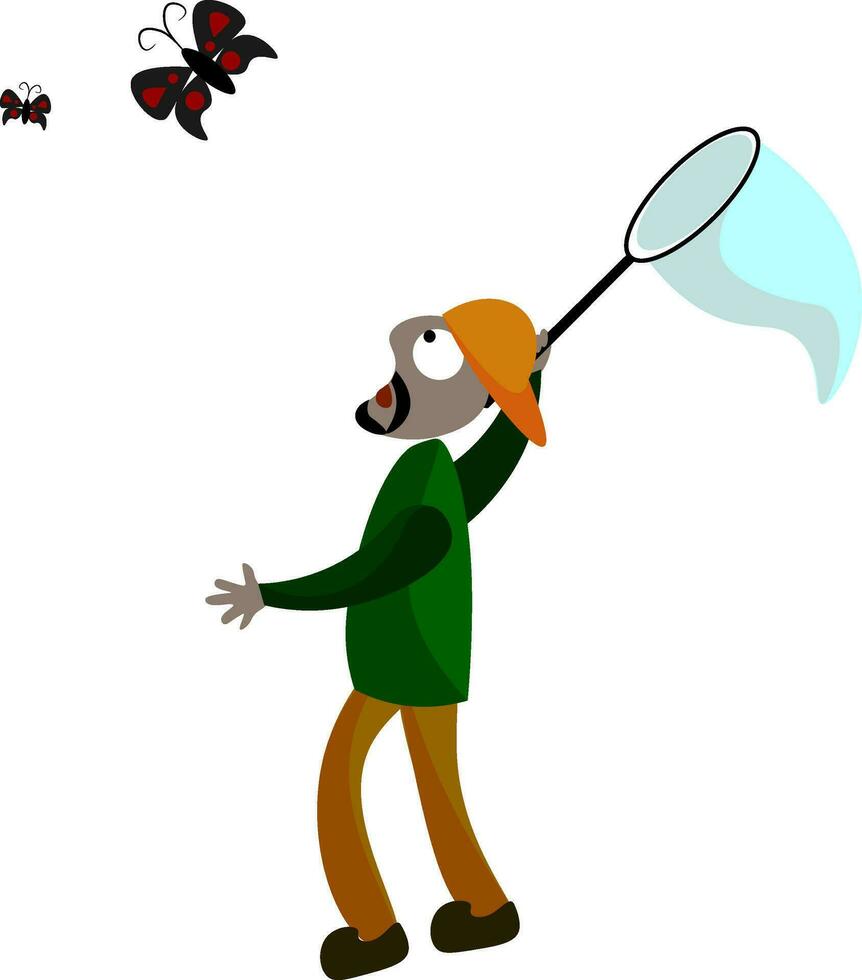 ein Entomologe versuchen zu Falle Schmetterlinge im das Netz Vektor oder Farbe Illustration