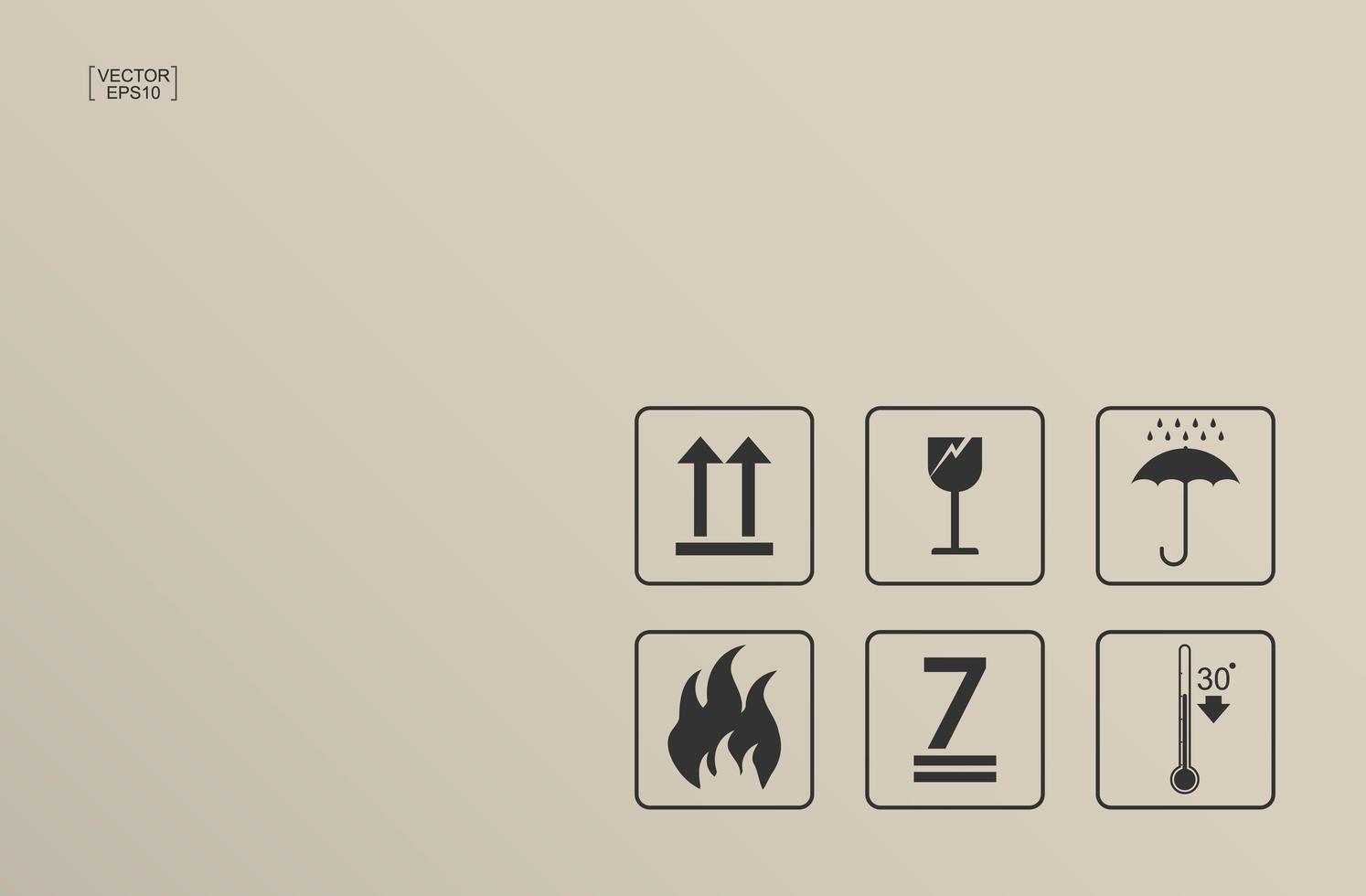 förpackning ikonuppsättning av ömtålig vård skylt och symbol på brun kartong bakgrund. vektor. vektor