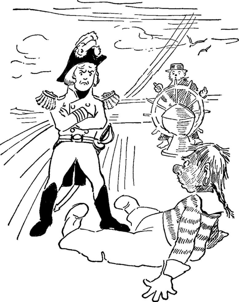 Kapitän mit gekreuzt Waffen suchen beim Mann Sitzung, Jahrgang Illustration vektor
