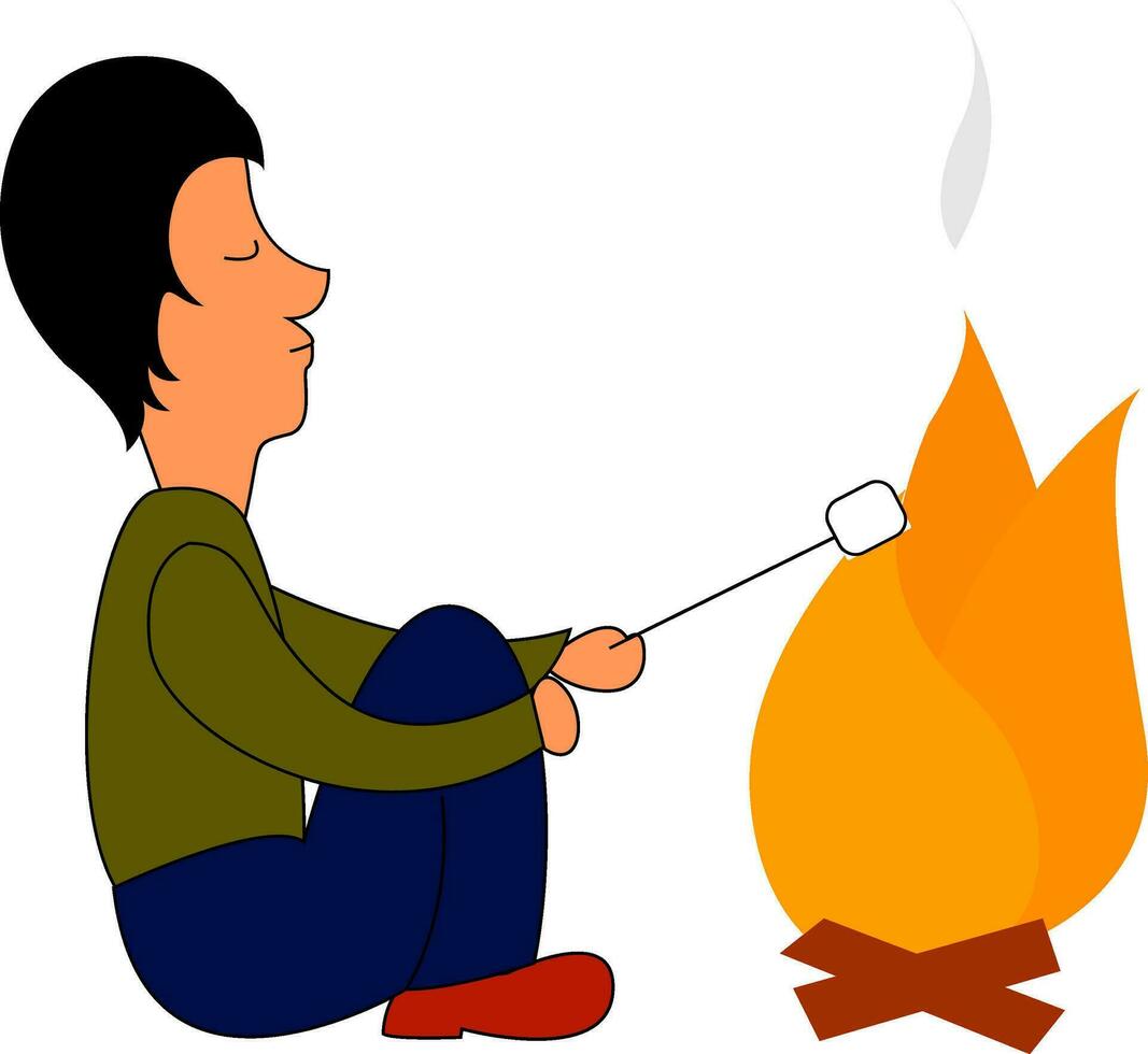 ClipArt av en man rostning en perfekt marshmallow över en lägereld, vektor eller Färg illustration