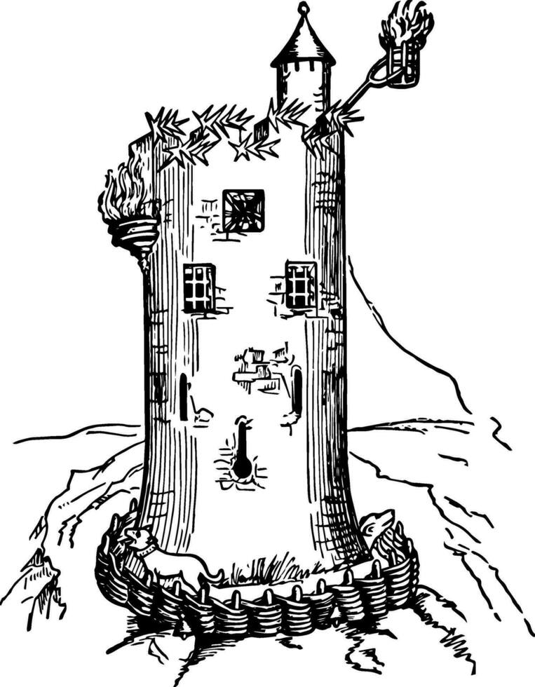 medeltida Kolla på torn fristående strukturera årgång gravyr. vektor