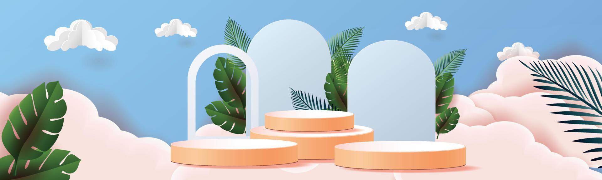 3D geometrisches Podium Mockup Blatt tropisches Naturkonzept für Schaufenster grünen Hintergrund abstrakte minimale Szene Produktpräsentation Vektor Illustrator