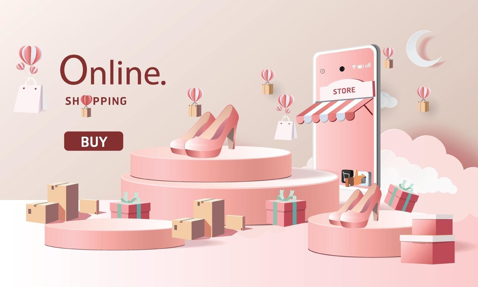 papper konst shopping online på smartphone och ny köp försäljning marknadsföring rosa backgroud för banner marknaden e -handel kvinnor koncept. vektor
