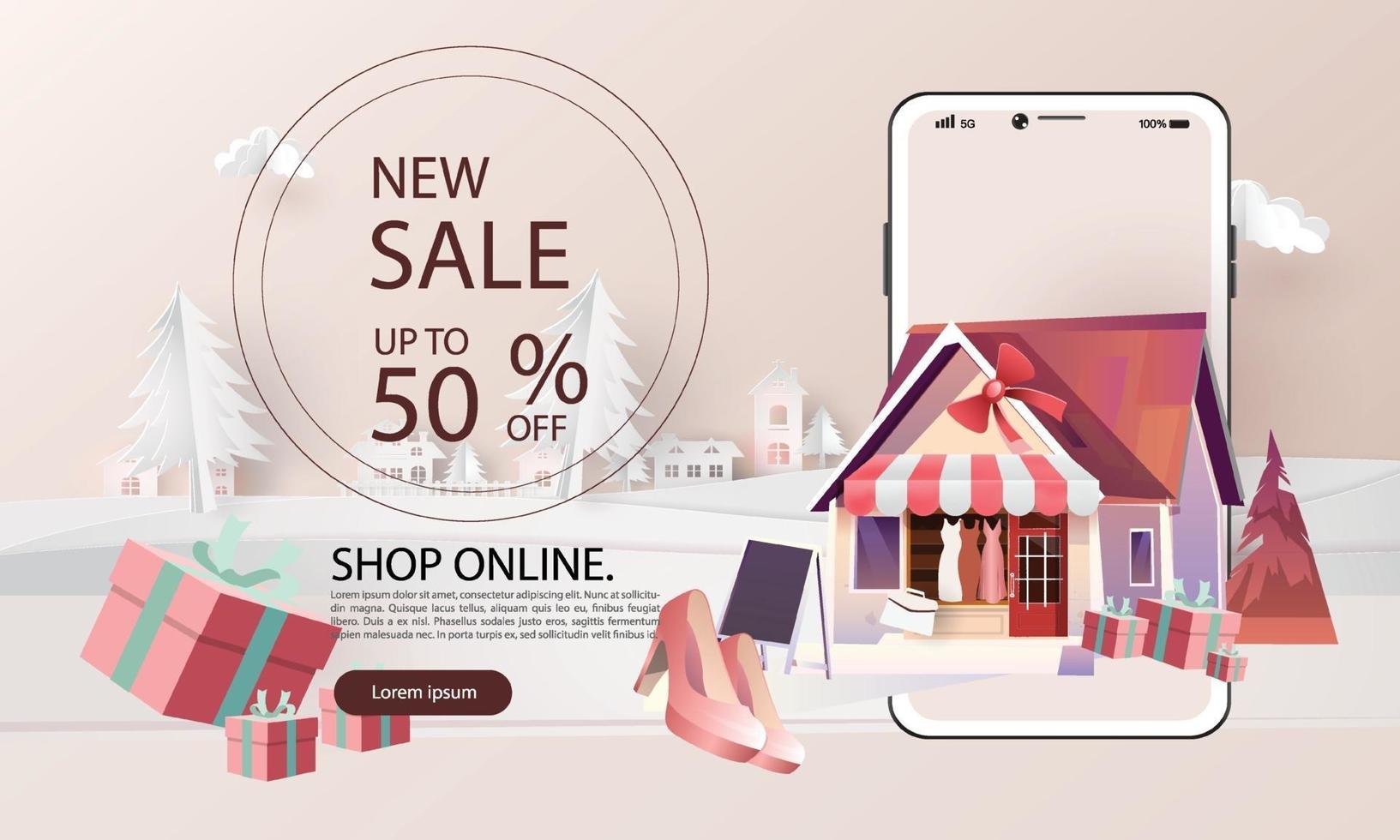 Papierkunst-Shopping online auf dem Smartphone und neu kaufen Verkaufsförderung rosa Hintergrund für Banner-Markt-E-Commerce-Frauen-Konzept. vektor