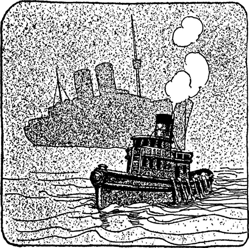 bogserbåt i dimma, årgång illustration. vektor