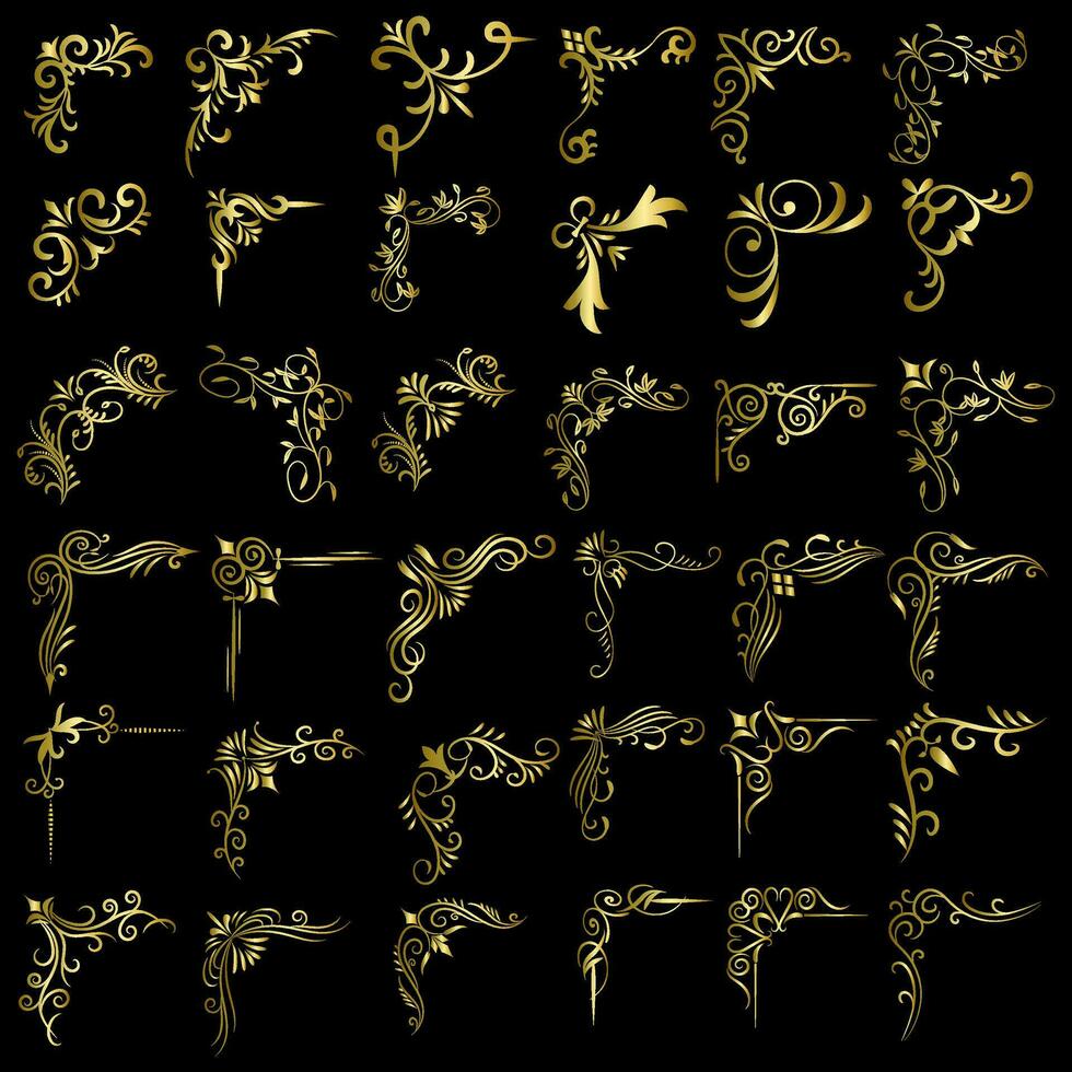 guld vektor illustration av dekorativ hörn ram uppsättning. hand dra av hörn ram annorlunda form gyllene hörn ramar årgång ram dekoration, guld blommig ornament.