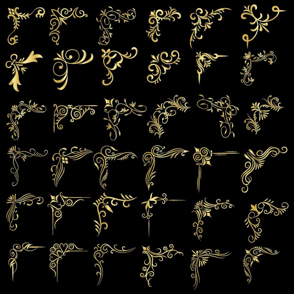 Gold Vektor Illustration von dekorativ Ecke Rahmen Satz. Hand zeichnen von Ecke Rahmen anders gestalten golden Ecke Frames Jahrgang Rahmen Dekoration, Gold Blumen- Ornamente.