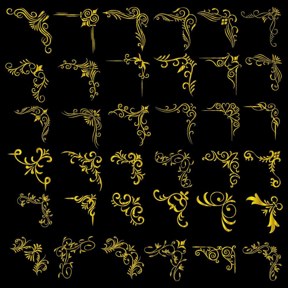 Gold Vektor Illustration von dekorativ Ecke Rahmen Satz. Hand zeichnen von Ecke Rahmen anders gestalten golden Ecke Frames Jahrgang Rahmen Dekoration, Gold Blumen- Ornamente.