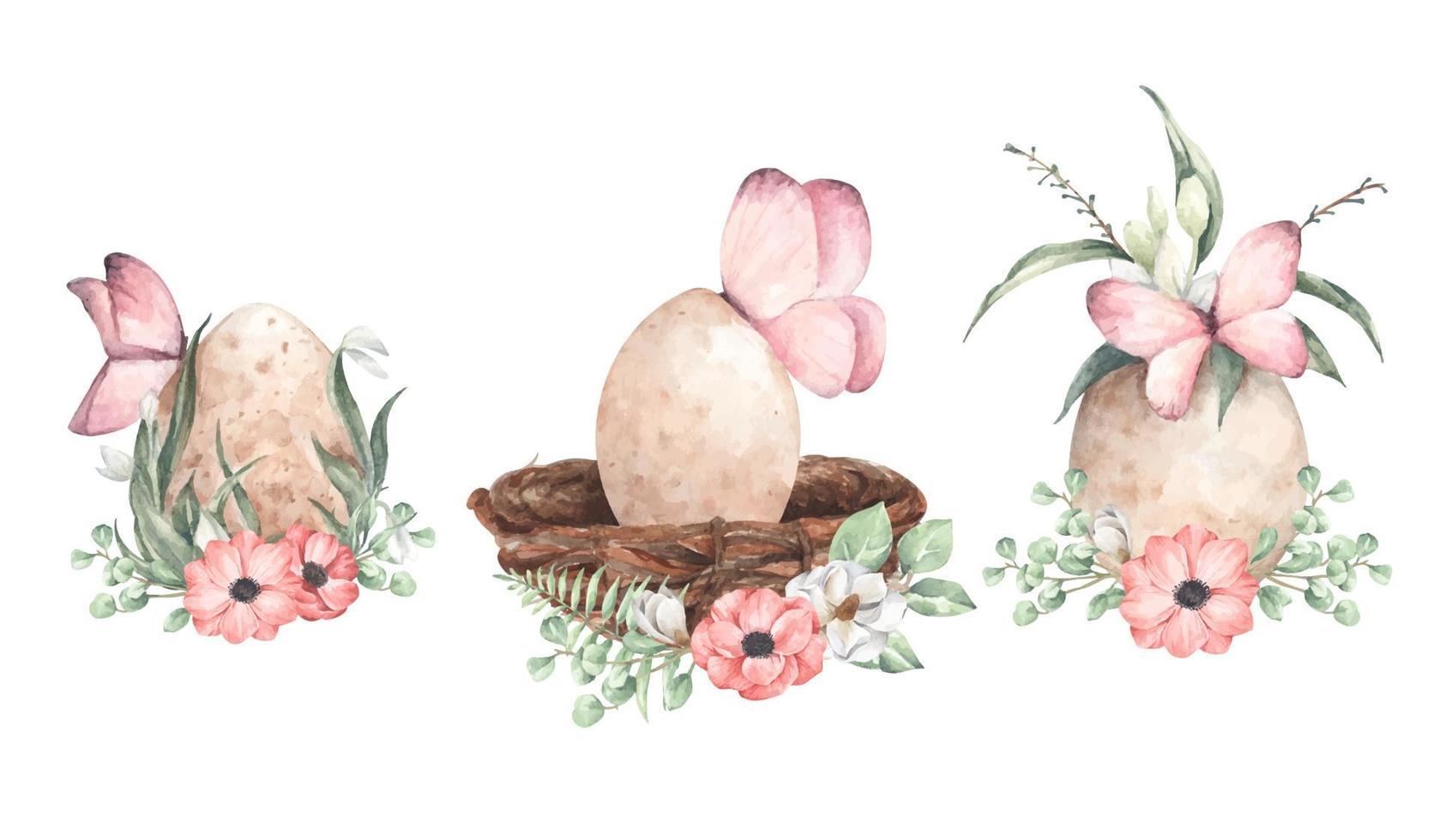 uppsättning ägg med blommig gren. akvarell illustration. vektor