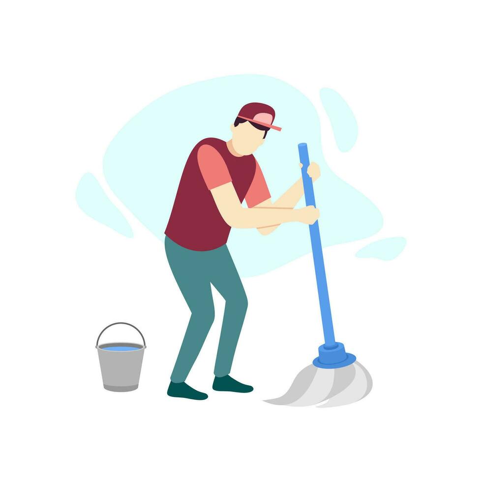 Mann wischen Mopp sauber Menschen Charakter eben Design Vektor Illustration