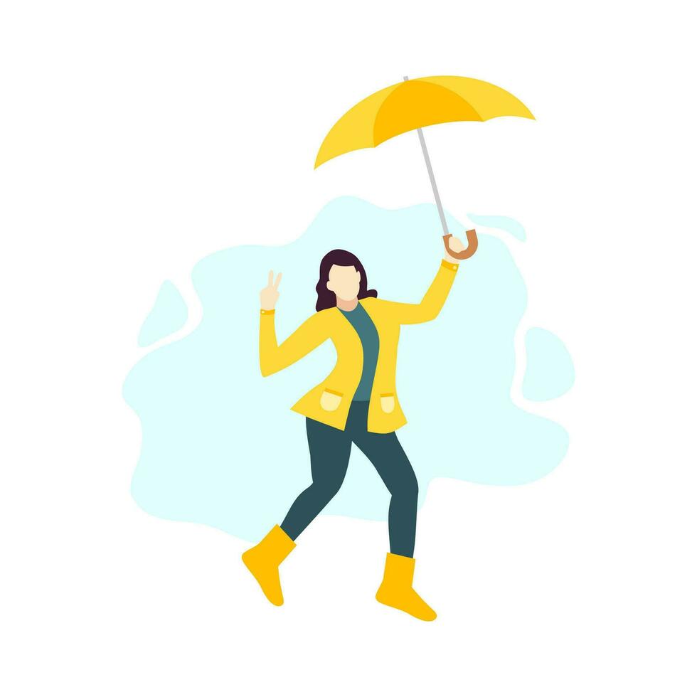 glücklich Frau halten ein Regenschirm mit Gelb Regenjacke Menschen Charakter eben Design Vektor Illustration