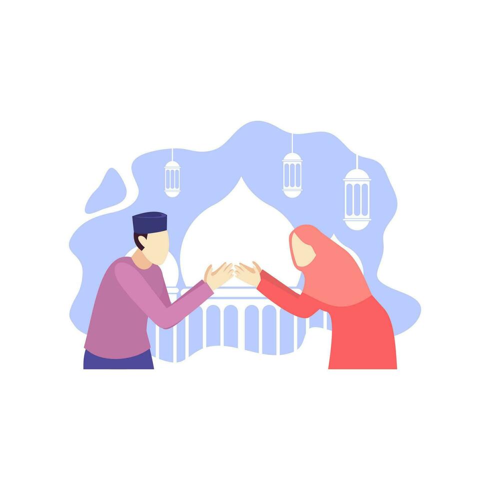 Mann und Frau Paar sind feiern Ramadan kareem Mubarak islamisch Menschen Charakter eben Design Vektor Illustration