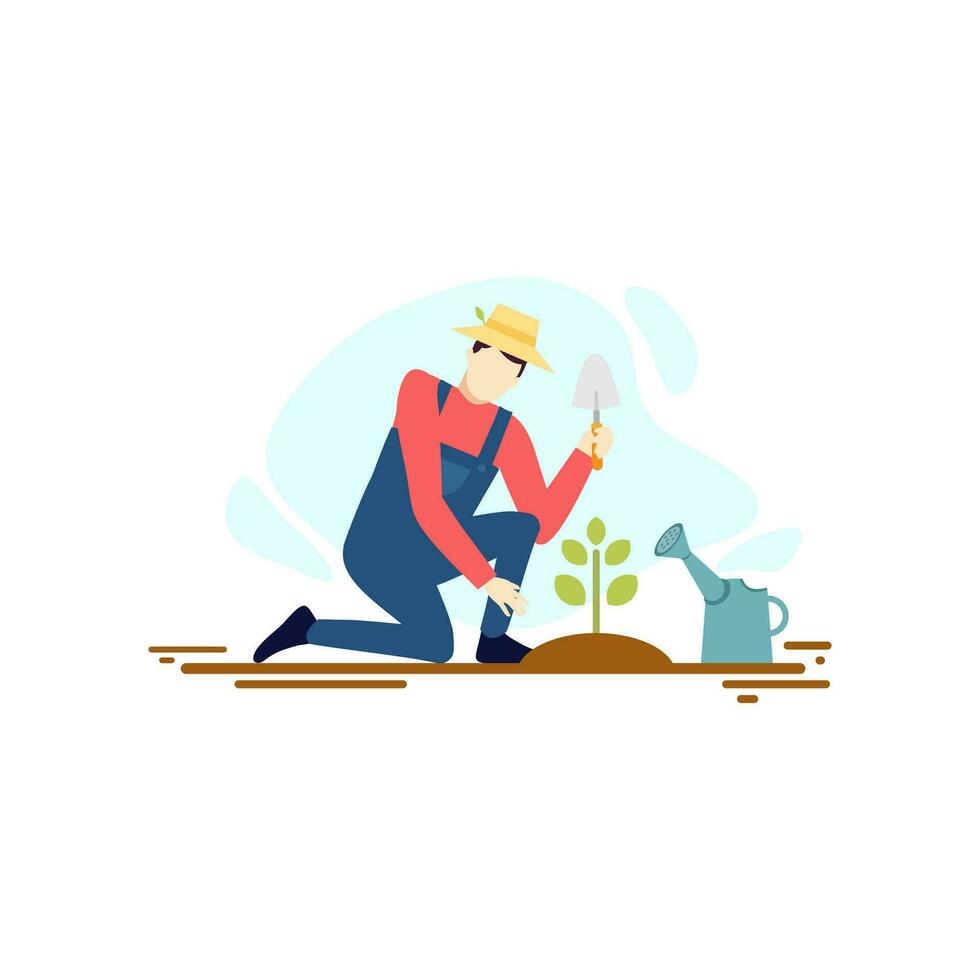 jordbrukare man plantering ung fröplanta växt träd natur människor karaktär platt design vektor illustration