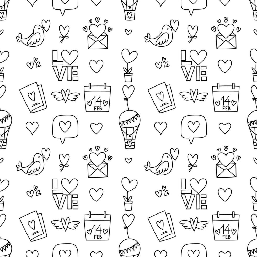valentines dag klotter stil sömlös mönster i svart och vit, ritad för hand kärlek tema ikoner och citat bakgrund. romantisk humör, söt symboler och element samling. vektor